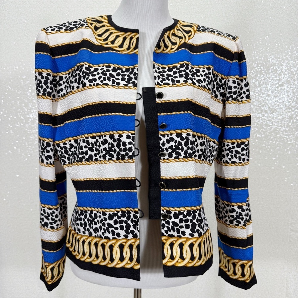 Adrianna Papell 100% Silk Chain Leopard Print Jacket Blazer Blue Gold Size 14 - Picture 7 of 11